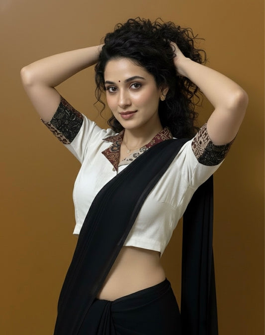 Cotton Flex Khadi Collared Blouse with Patchwork