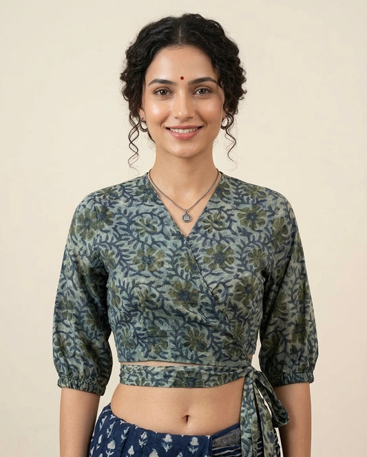 AJRAKH Print Mul Cotton Wrap Blouse