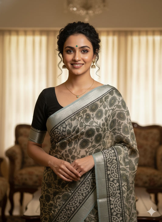 AJRAKH DABO Printed Cotton Linen Saree