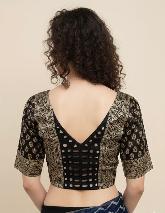 Ajrakh Mashru Silk Mirror Work Padded Blouse