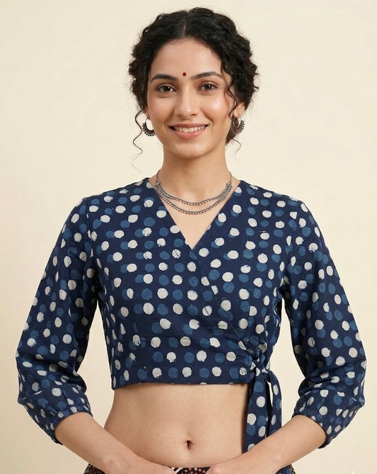 Polka Dots Indigo Wrap Blouse