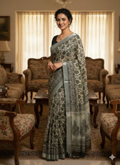 AJRAKH DABO Printed Cotton Linen Saree