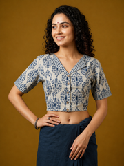 Indigo Dyed Hand Block Printed Collared Blouse l