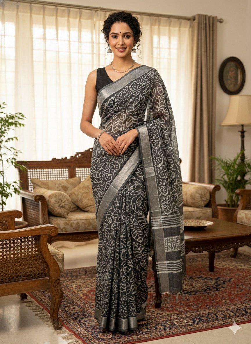 Hand Block Printed Cotton Linen Saree