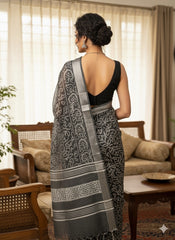 Hand Block Printed Cotton Linen Saree