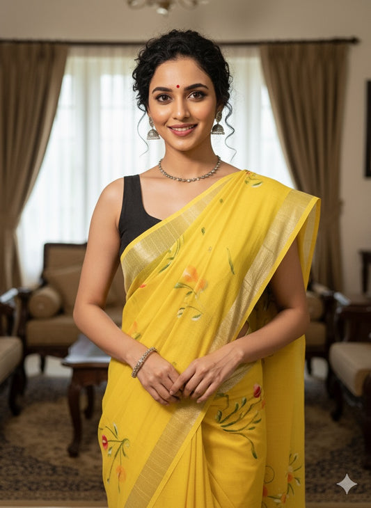 Hand Brush Painted Cotton Linen Saree