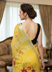 Hand Brush Painted Cotton Linen Saree