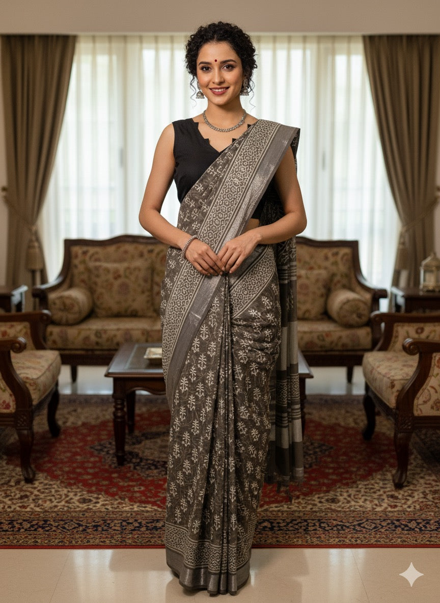 Hand Block Kashish Printed Cotton Linen Saree