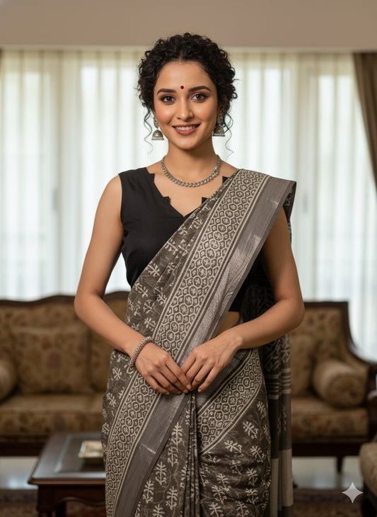 Hand Block Kashish Printed Cotton Linen Saree