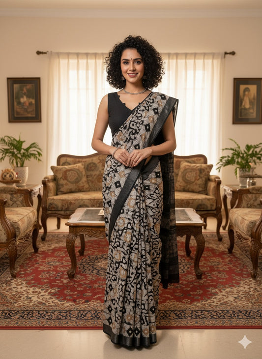 Batik Printed Cotton Linen Saree