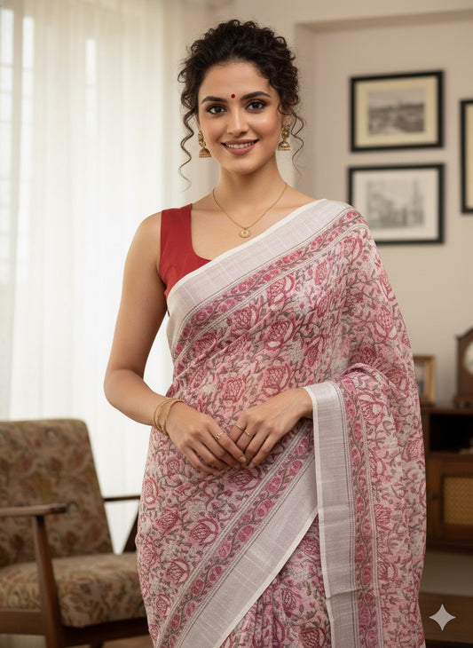 Hand Block Printed Cotton Linen Saree