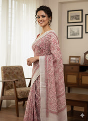 Hand Block Printed Cotton Linen Saree