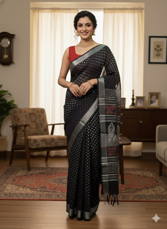Hand Block Printed Cotton Linen Saree