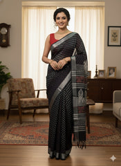 Hand Block Printed Cotton Linen Saree