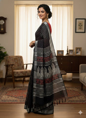 Hand Block Printed Cotton Linen Saree