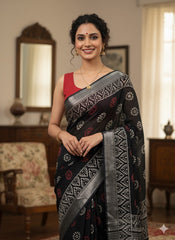 Hand Block Printed Cotton Linen Saree
