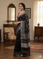 Hand Block Printed Cotton Linen Saree
