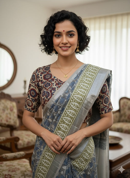 Hand Block Printed Cotton Linen Saree