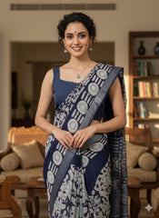 Batik Printed Cotton Linen Saree
