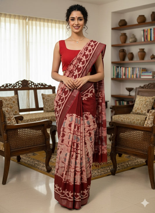 Batik Printed Cotton Linen Saree