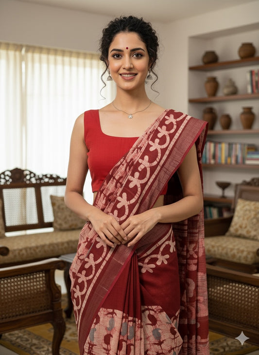 Batik Printed Cotton Linen Saree