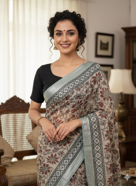 AJRAKH DABO Printed Cotton Linen Saree