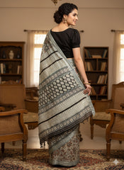 AJRAKH DABO Printed Cotton Linen Saree