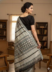 AJRAKH DABO Printed Cotton Linen Saree
