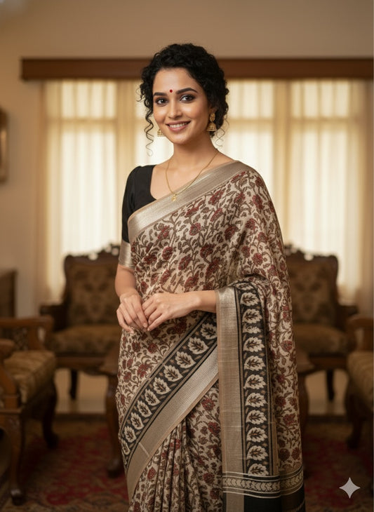 AJRAKH DABO Printed Cotton Linen Saree