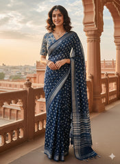 INDIGO Printed Cotton Linen Saree