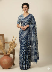 INDIGO Printed Cotton Linen Saree