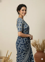 INDIGO Printed Cotton Linen Saree