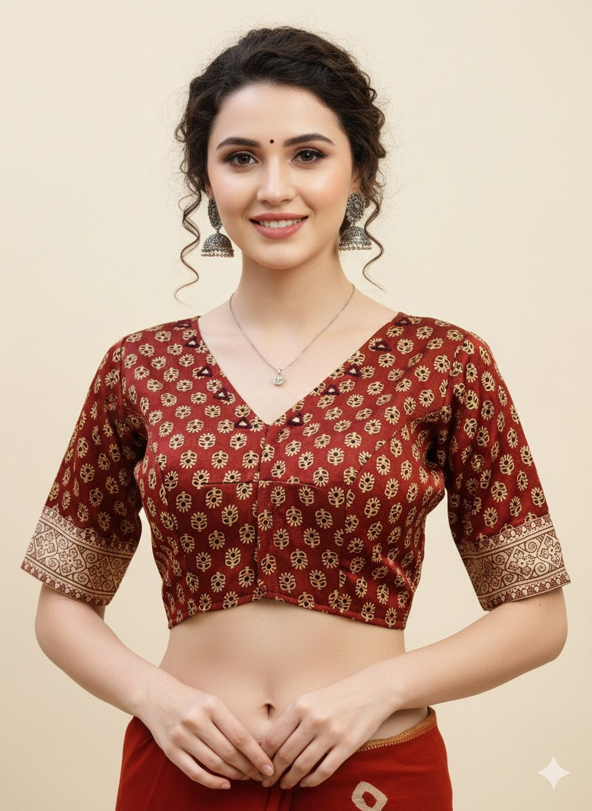 Ajrakh Mashru Silk Mirror Work Padded/Non-Padded Blouse