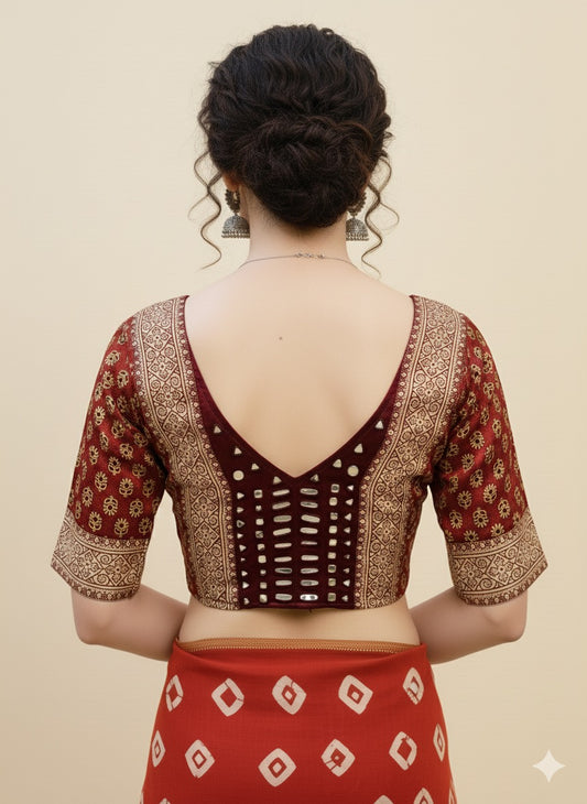 Ajrakh Mashru Silk Mirror Work Padded/Non-Padded Blouse