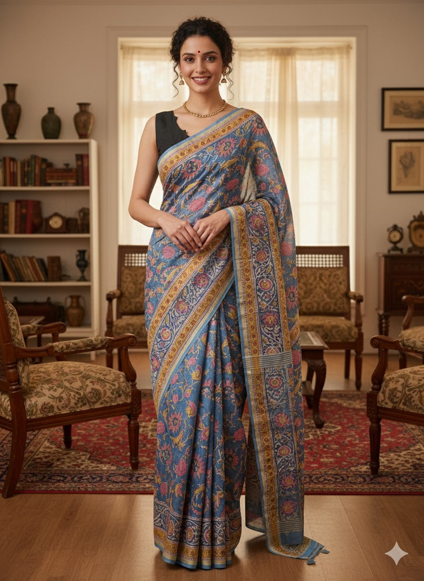 SANGANERI Hand Block Printed Chanderi Silk Saree