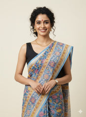 SANGANERI Hand Block Printed Chanderi Silk Saree