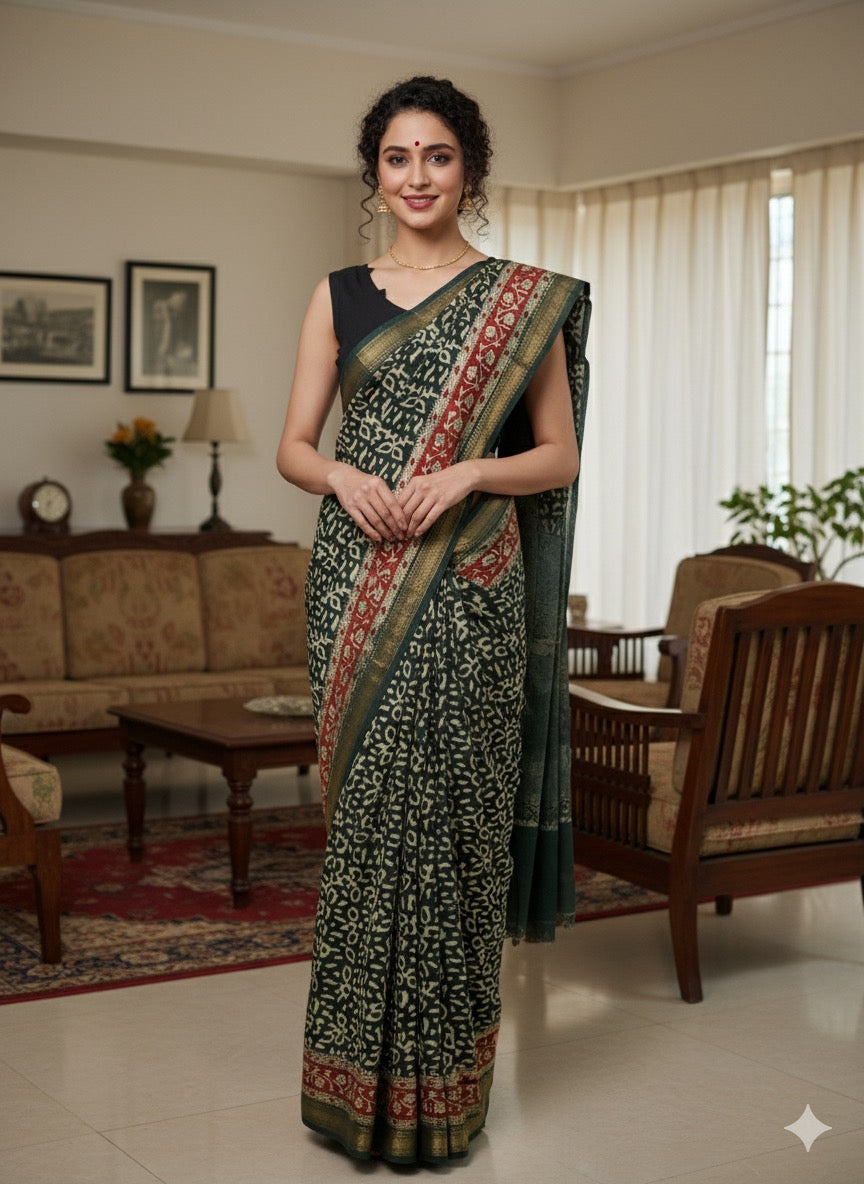 Hand Block Printed Maheshwari Silk Saree