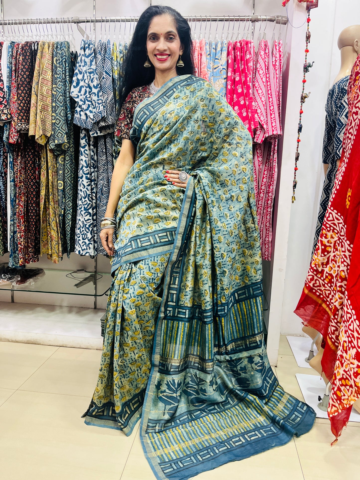 Chanderi Silk Saree in Dabo & Ajrakh Print