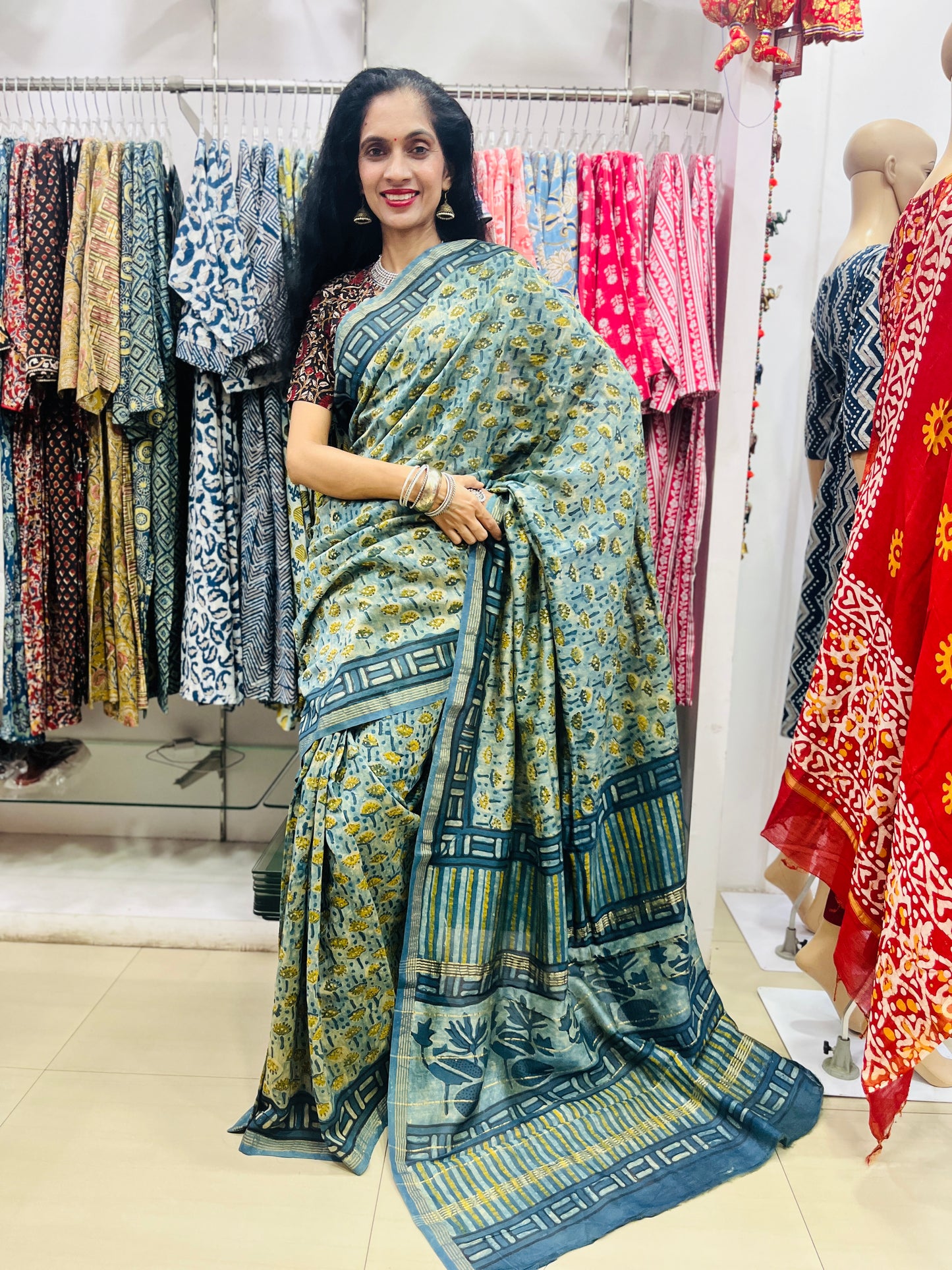 Chanderi Silk Saree in Dabo & Ajrakh Print