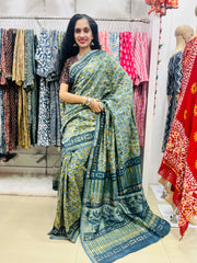 Chanderi Silk Saree in Dabo & Ajrakh Print
