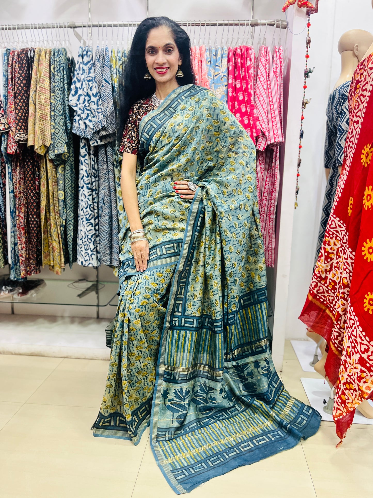 Chanderi Silk Saree in Dabo & Ajrakh Print