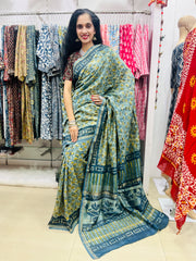 Chanderi Silk Saree in Dabo & Ajrakh Print