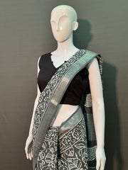 Hand Block Printed Cotton Linen Saree