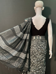Hand Block Printed Cotton Linen Saree