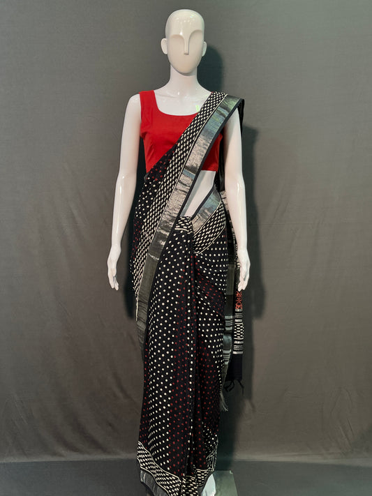 Hand Block Printed Cotton Linen Saree