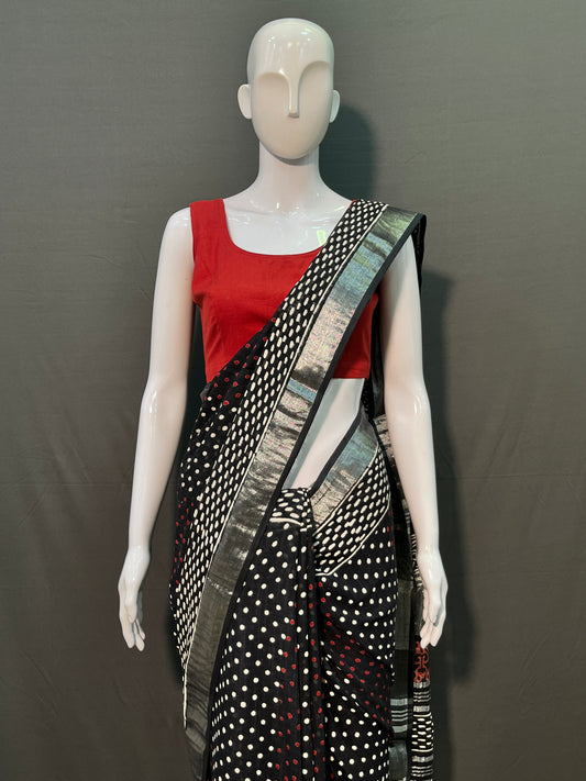 Hand Block Printed Cotton Linen Saree