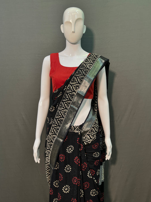 Hand Block Printed Cotton Linen Saree