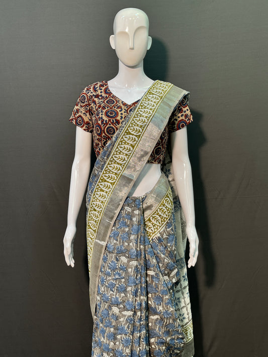 Hand Block Printed Cotton Linen Saree