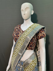 Hand Block Printed Cotton Linen Saree