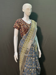 Hand Block Printed Cotton Linen Saree